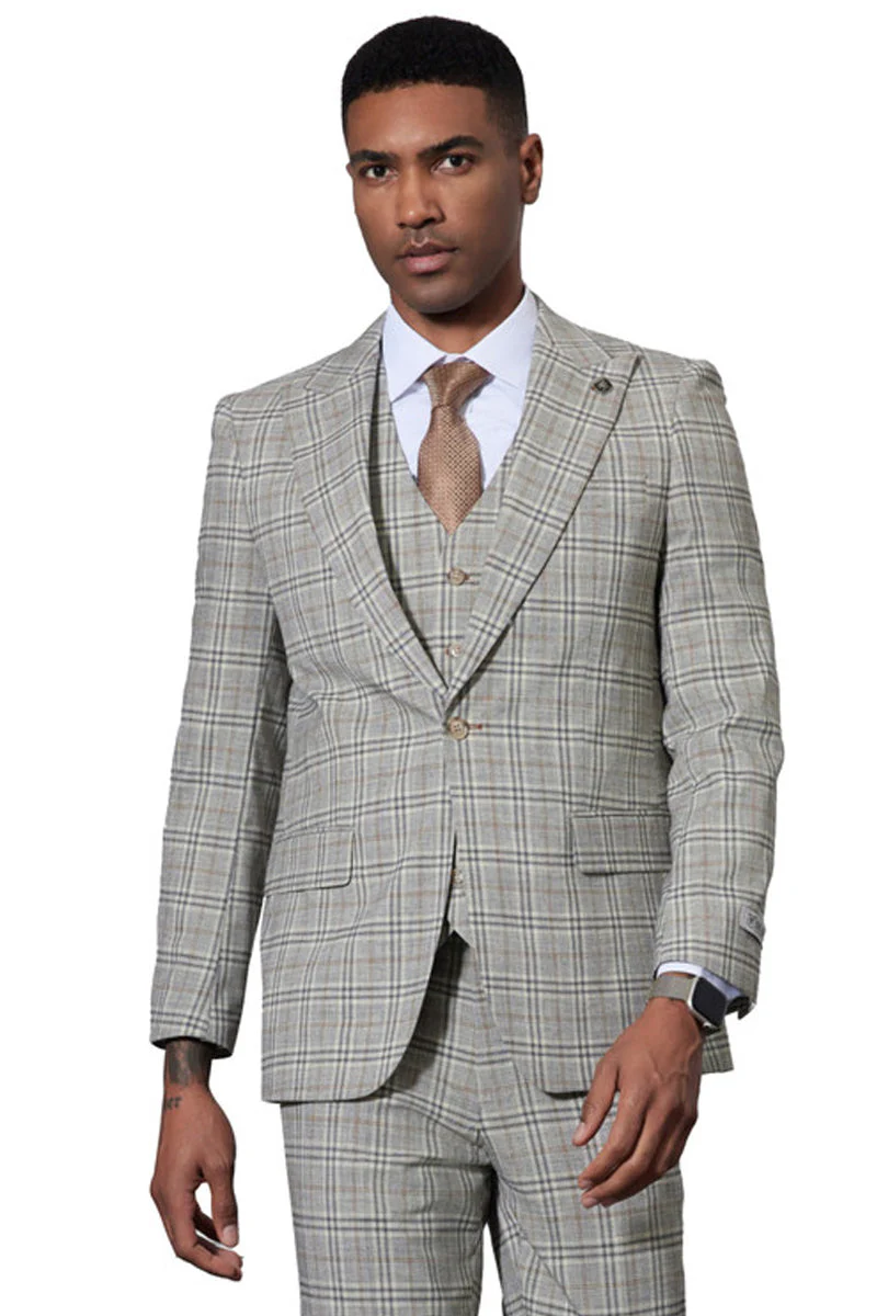 Men's Stacy Adams One Button Peak Lapel Vested Glen Plaid Suit in Grey - Image 3