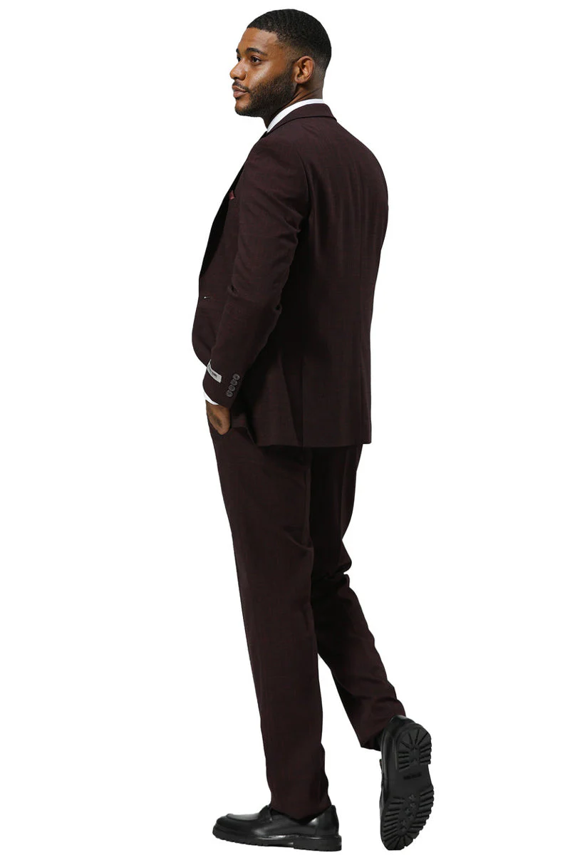 Men's Stacy Adams One Button Peak Lapel Vested Sharkskin Suit in Burgundy - Image 4