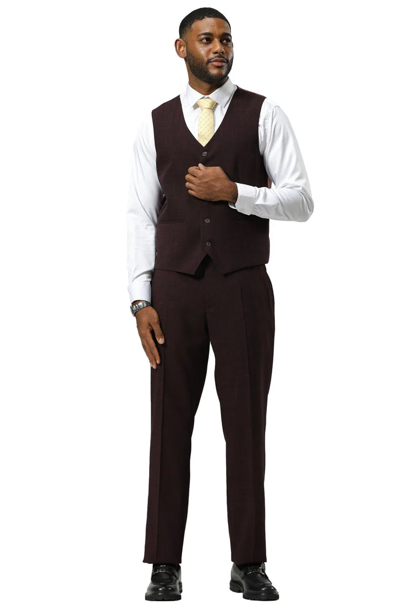 Men's Stacy Adams One Button Peak Lapel Vested Sharkskin Suit in Burgundy - Image 5
