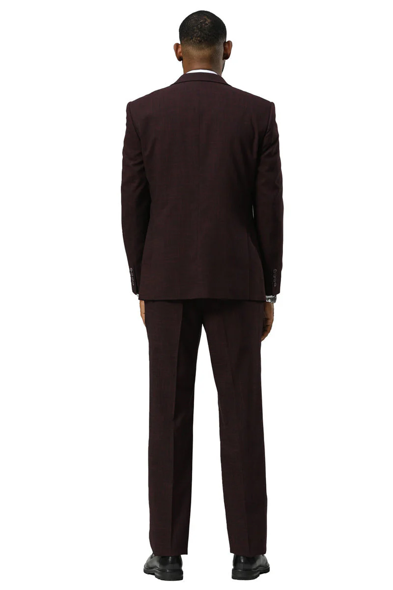 Men's Stacy Adams One Button Peak Lapel Vested Sharkskin Suit in Burgundy - Image 6