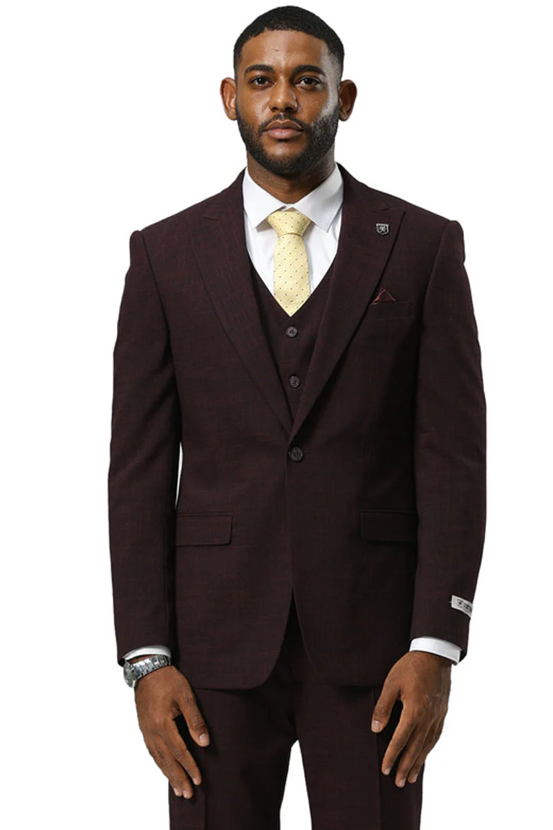 Men's Stacy Adams One Button Peak Lapel Vested Sharkskin Suit in Burgundy - Image 7