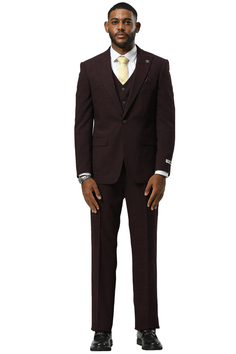 Men's Stacy Adams One Button Peak Lapel Vested Sharkskin Suit in Burgundy - Image 8
