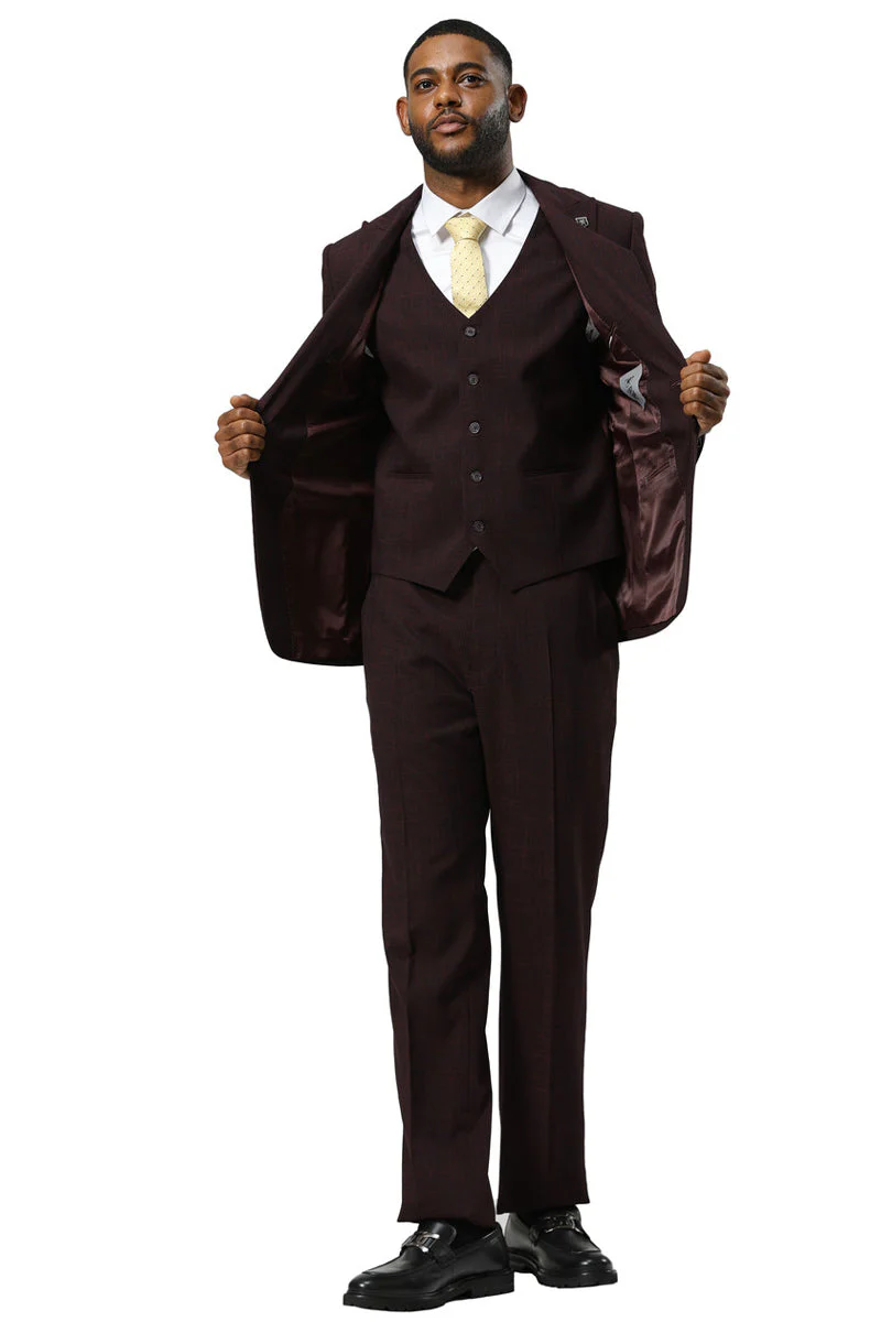 Men's Stacy Adams One Button Peak Lapel Vested Sharkskin Suit in Burgundy - Image 9