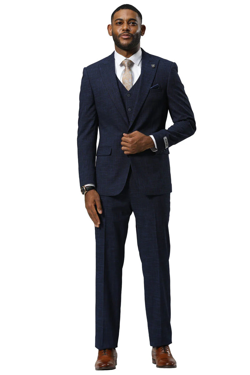 Men's Stacy Adams One Button Peak Lapel Vested Sharkskin Suit in Navy - Image 9