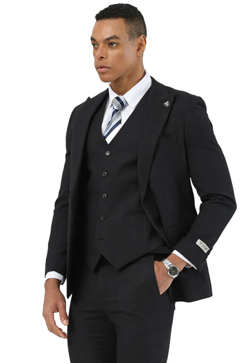 Men's Stacy Adams One Button Peak Lapel Vested Suit in Black Plaid - Image 4