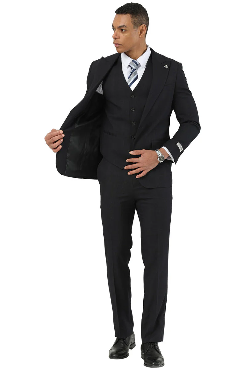 Men's Stacy Adams One Button Peak Lapel Vested Suit in Black Plaid - Image 5