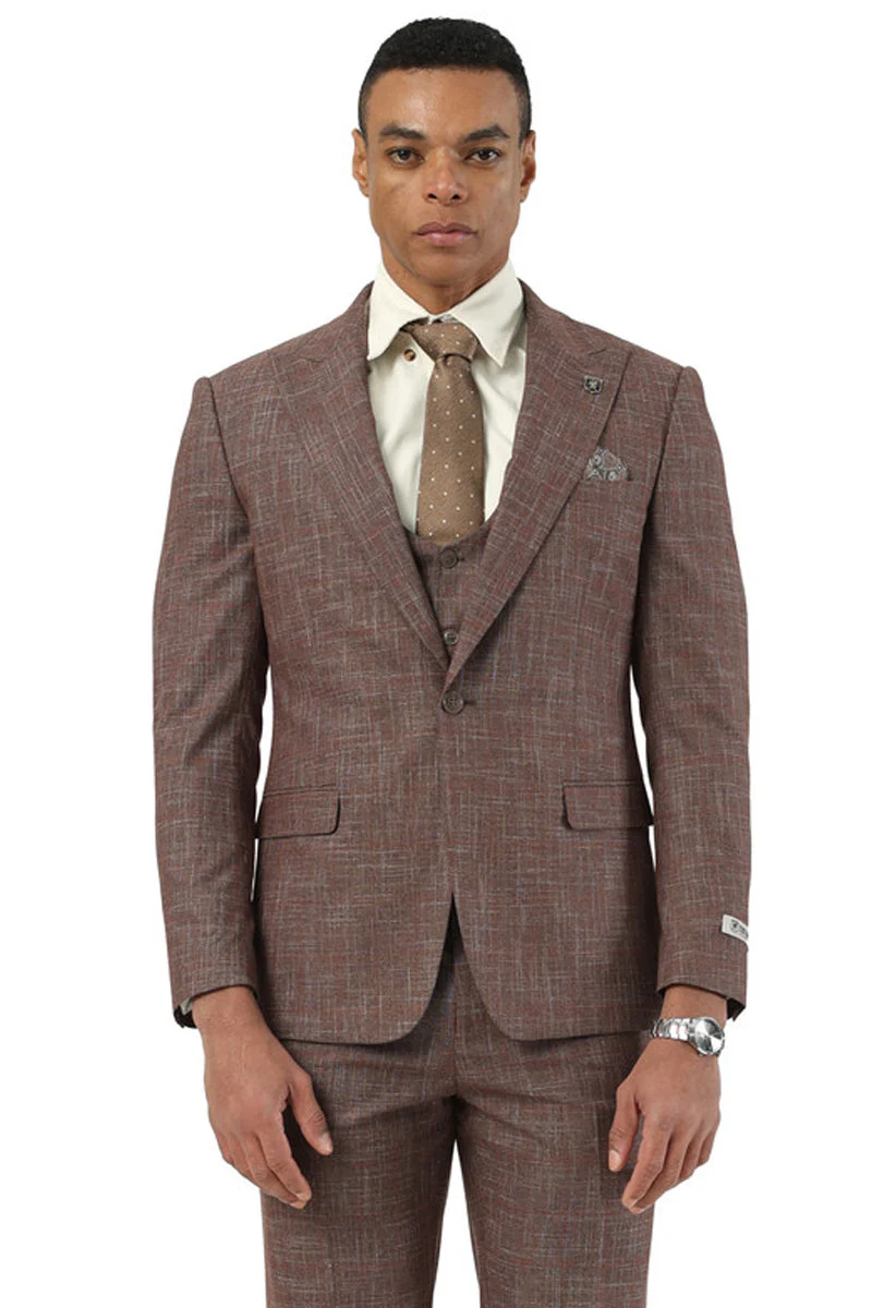 Men's Stacy Adams One Button Peak Lapel Vested Suit in Brown Sharkskin Windowpane - Image 5
