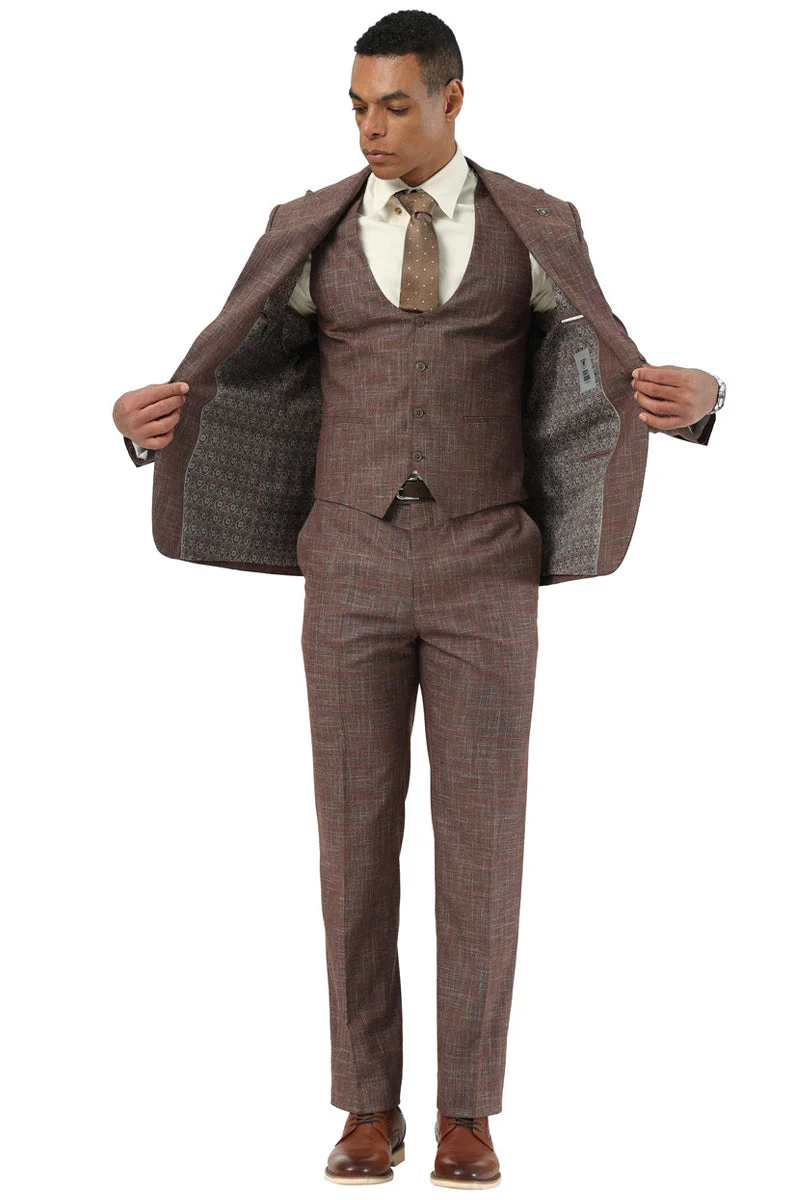 Men's Stacy Adams One Button Peak Lapel Vested Suit in Brown Sharkskin Windowpane - Image 6