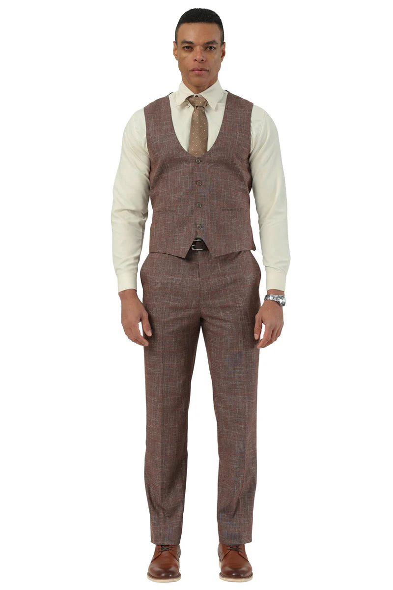 Men's Stacy Adams One Button Peak Lapel Vested Suit in Brown Sharkskin Windowpane - Image 7