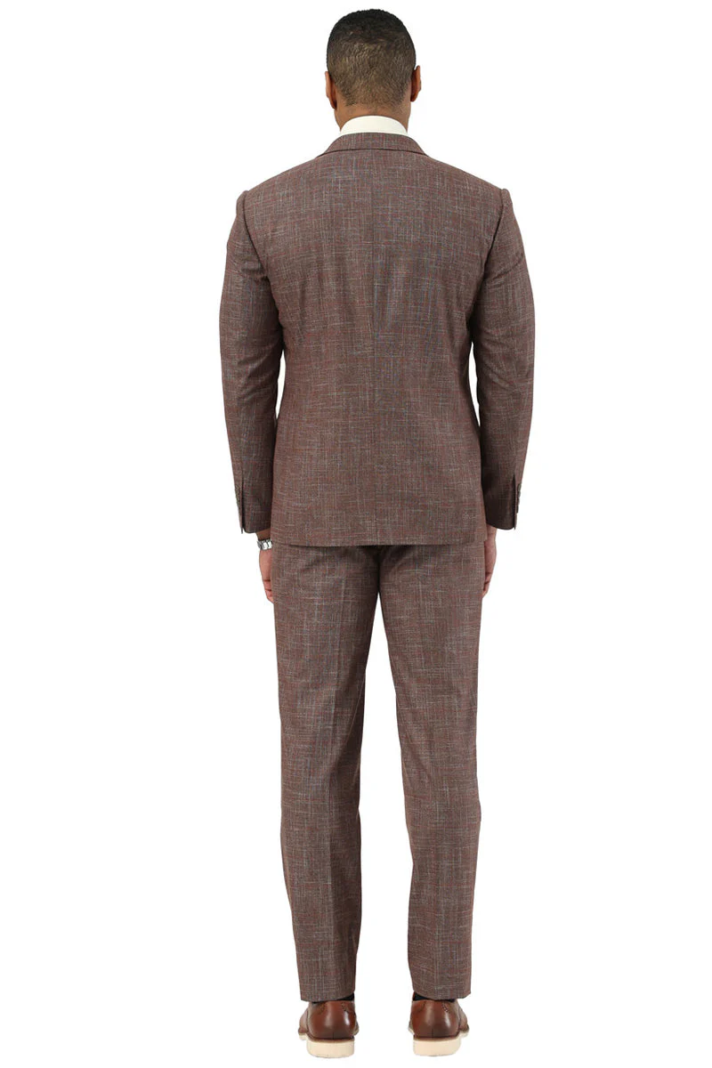 Men's Stacy Adams One Button Peak Lapel Vested Suit in Brown Sharkskin Windowpane - Image 8
