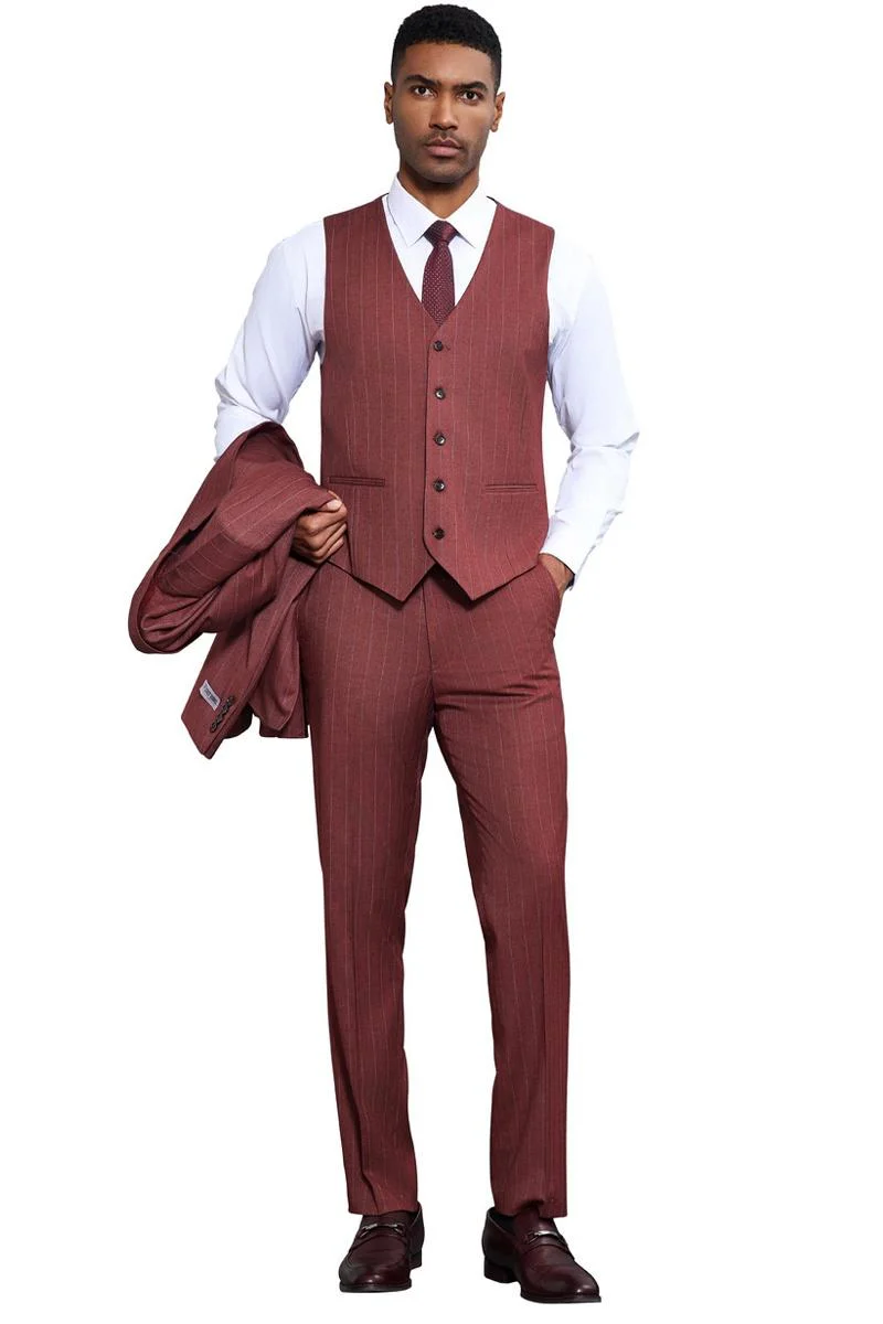 Men's Stacy Adams One Button Peak Lapel Vested Suit in Burgundy Pinstripe - Image 4