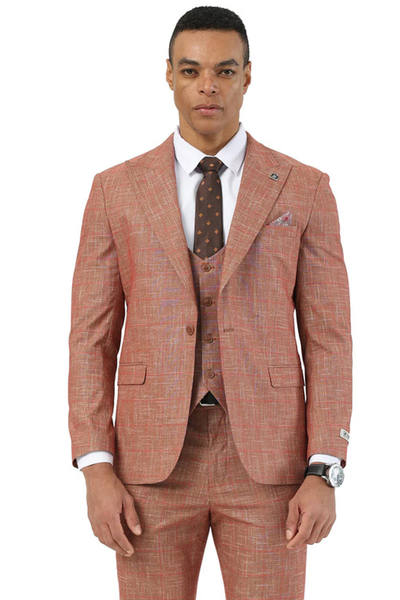 Men's Stacy Adams One Button Peak Lapel Vested Suit in Taupe Sharkskin Windowpane - Image 5