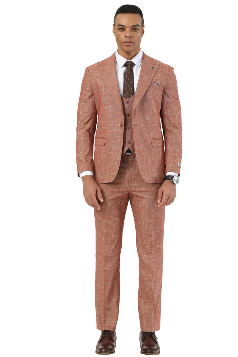 Men's Stacy Adams One Button Peak Lapel Vested Suit in Taupe Sharkskin Windowpane - Image 6