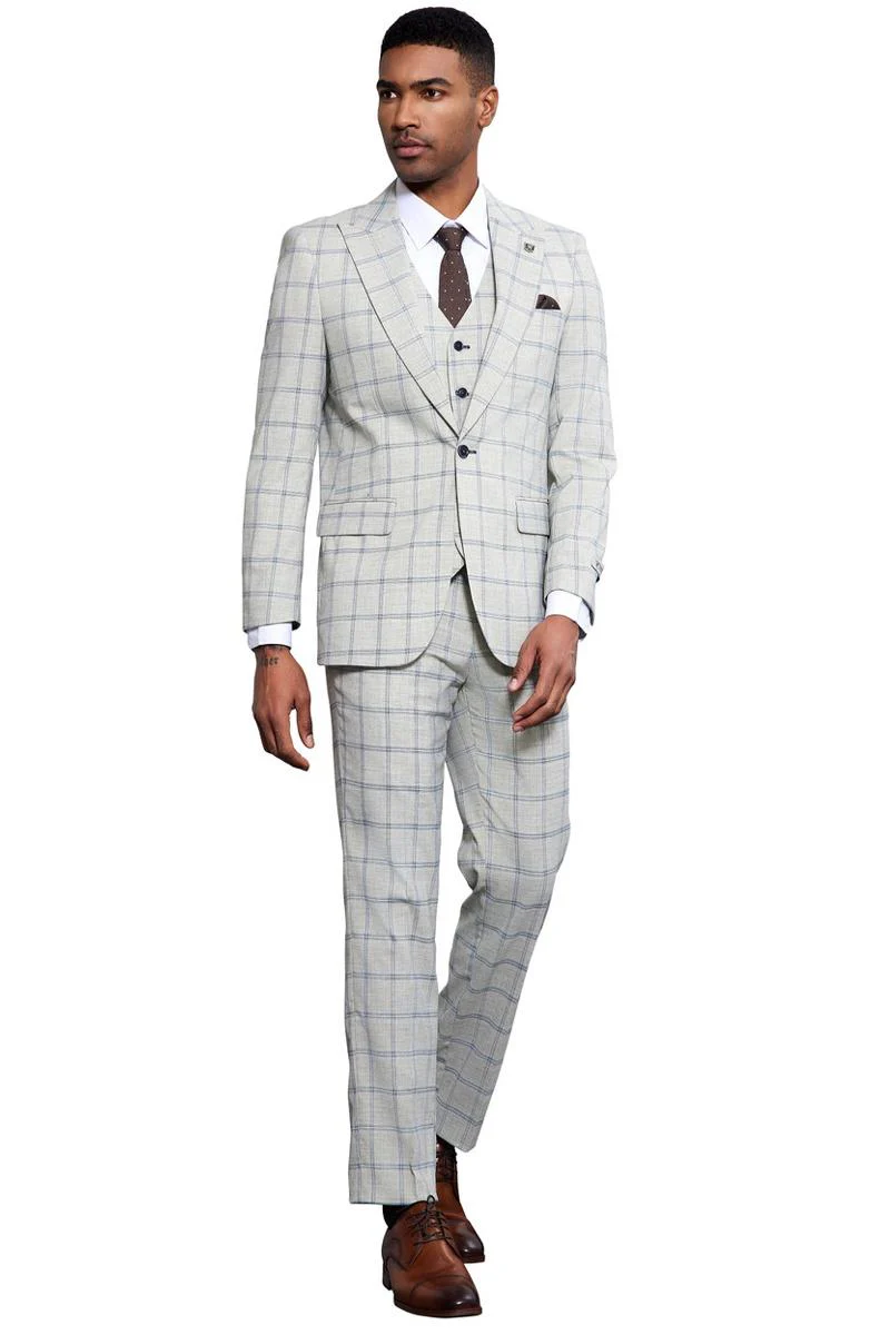 Men's Stacy Adams One Button Peak Lapel Vested Windowpane Plaid Suit in Grey & Blue - Image 2
