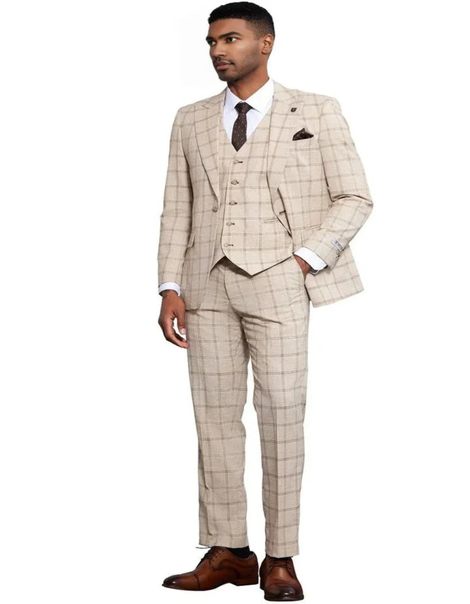 Men's Stacy Adams One Button Peak Lapel Vested Windowpane Tan Plaid Suit - Image 4