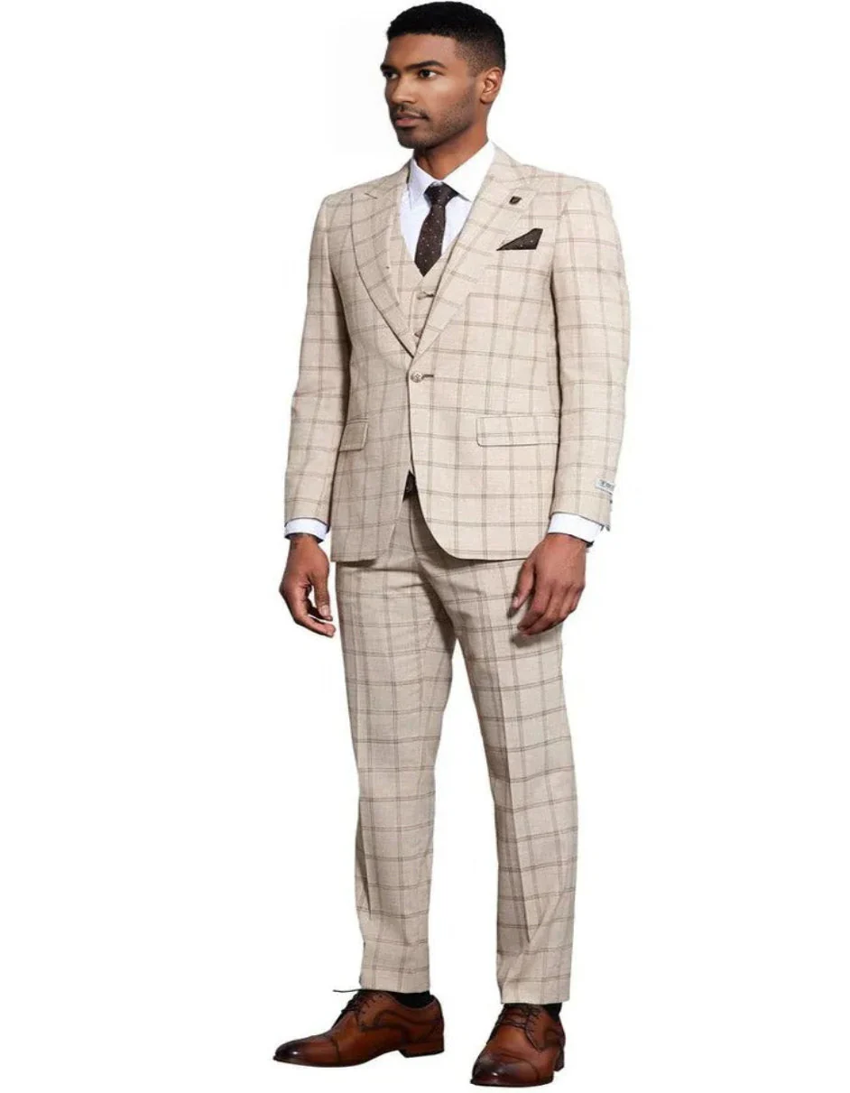Men's Stacy Adams One Button Peak Lapel Vested Windowpane Tan Plaid Suit - Image 6
