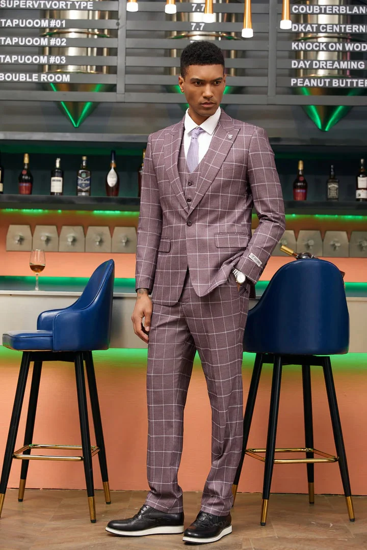 Men's Stacy Adam's One Button Vested Modern Fit Lavender Suit Windowpane Plaid - Image 2