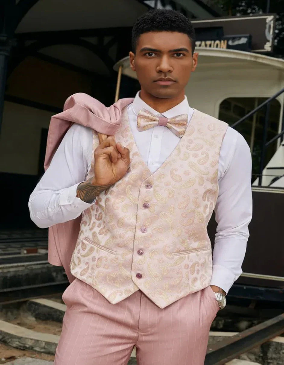 Men's Stacy Adam's One Button Vested Modern Suit in Rose Pink Pinstripe - Image 2