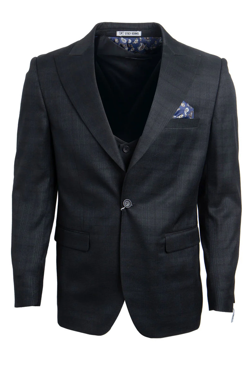 "Mens Stacy Adams Suit - Stacy Adams Suit Men's Glen Plaid Suit - One Button Vested Peak Lapel in Black" - Image 2
