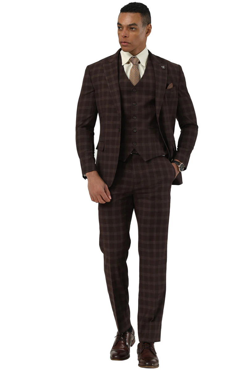 Men's Stacy Adams One Button Vested Peak Lapel Suit in Brown Plaid - Image 2
