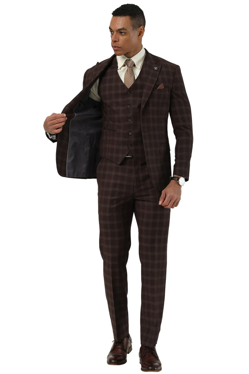 Men's Stacy Adams One Button Vested Peak Lapel Suit in Brown Plaid - Image 3