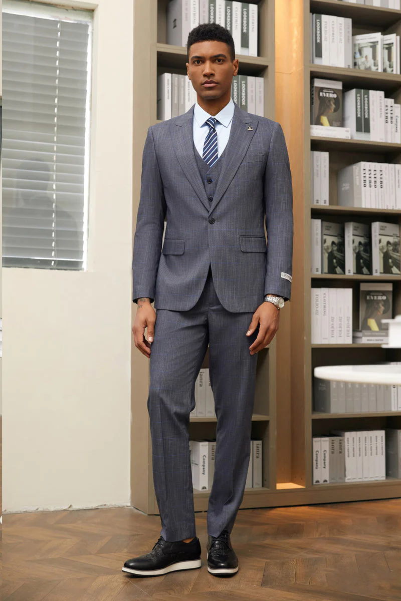 "Mens Stacy Adams Suit - Stacy Adams Suit Men's Grey & Blue Windowpane Plaid Suit - One Button Vested Peak Lapel" - Image 2