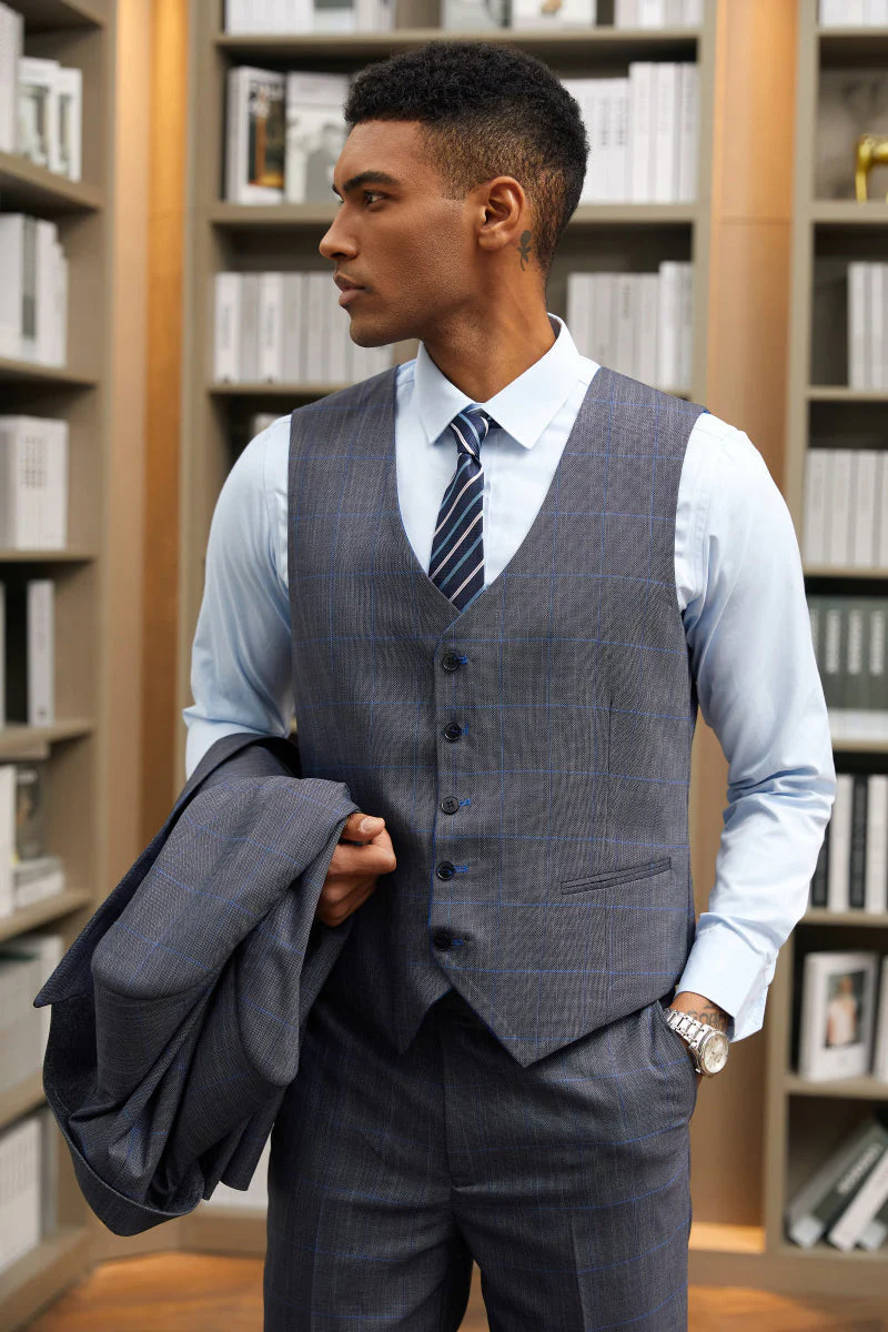 "Mens Stacy Adams Suit - Stacy Adams Suit Men's Grey & Blue Windowpane Plaid Suit - One Button Vested Peak Lapel" - Image 3