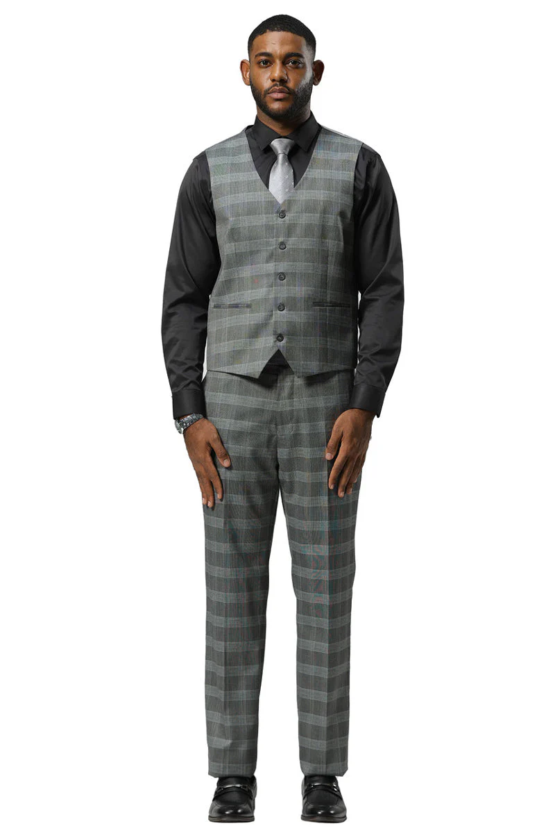 Men's Stacy Adams One Button Vested Peak Lapel Suit in Grey Glen Plaid - Image 4