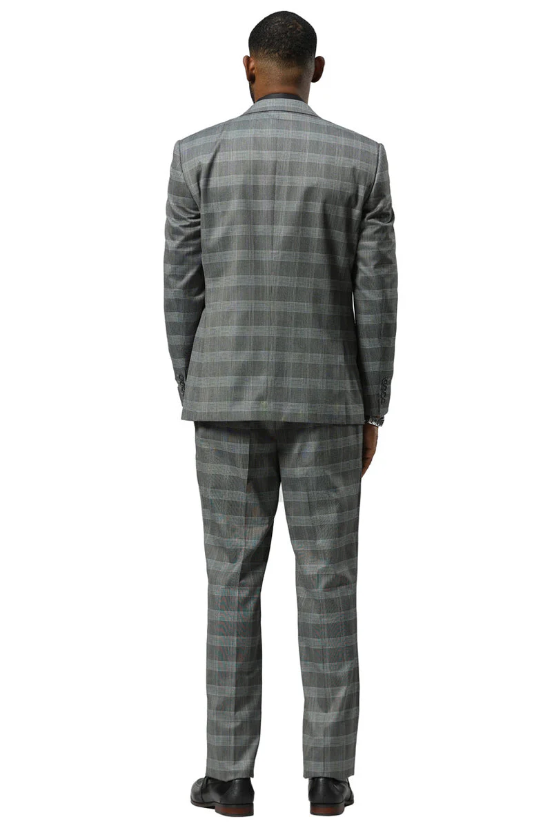 Men's Stacy Adams One Button Vested Peak Lapel Suit in Grey Glen Plaid - Image 6