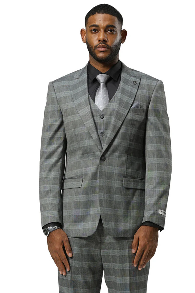 Men's Stacy Adams One Button Vested Peak Lapel Suit in Grey Glen Plaid - Image 7