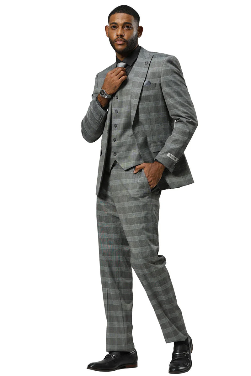 Men's Stacy Adams One Button Vested Peak Lapel Suit in Grey Glen Plaid - Image 8