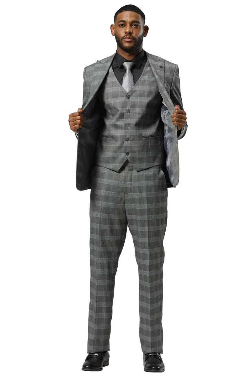 Men's Stacy Adams One Button Vested Peak Lapel Suit in Grey Glen Plaid - Image 9
