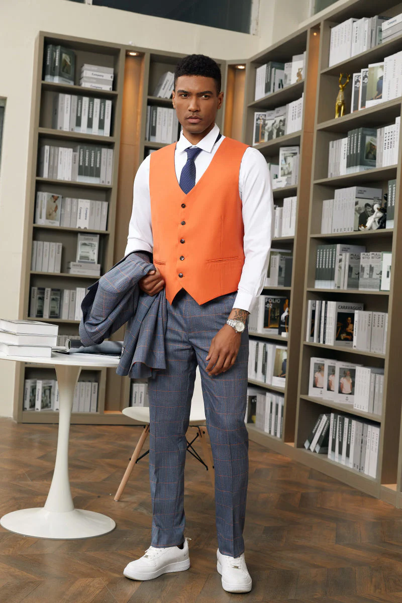 "Mens Stacy Adams Suit -Stacy Adams Men's Navy Blue & Orange Plaid Suit - One Button Vested Peak Lapel" - Image 3