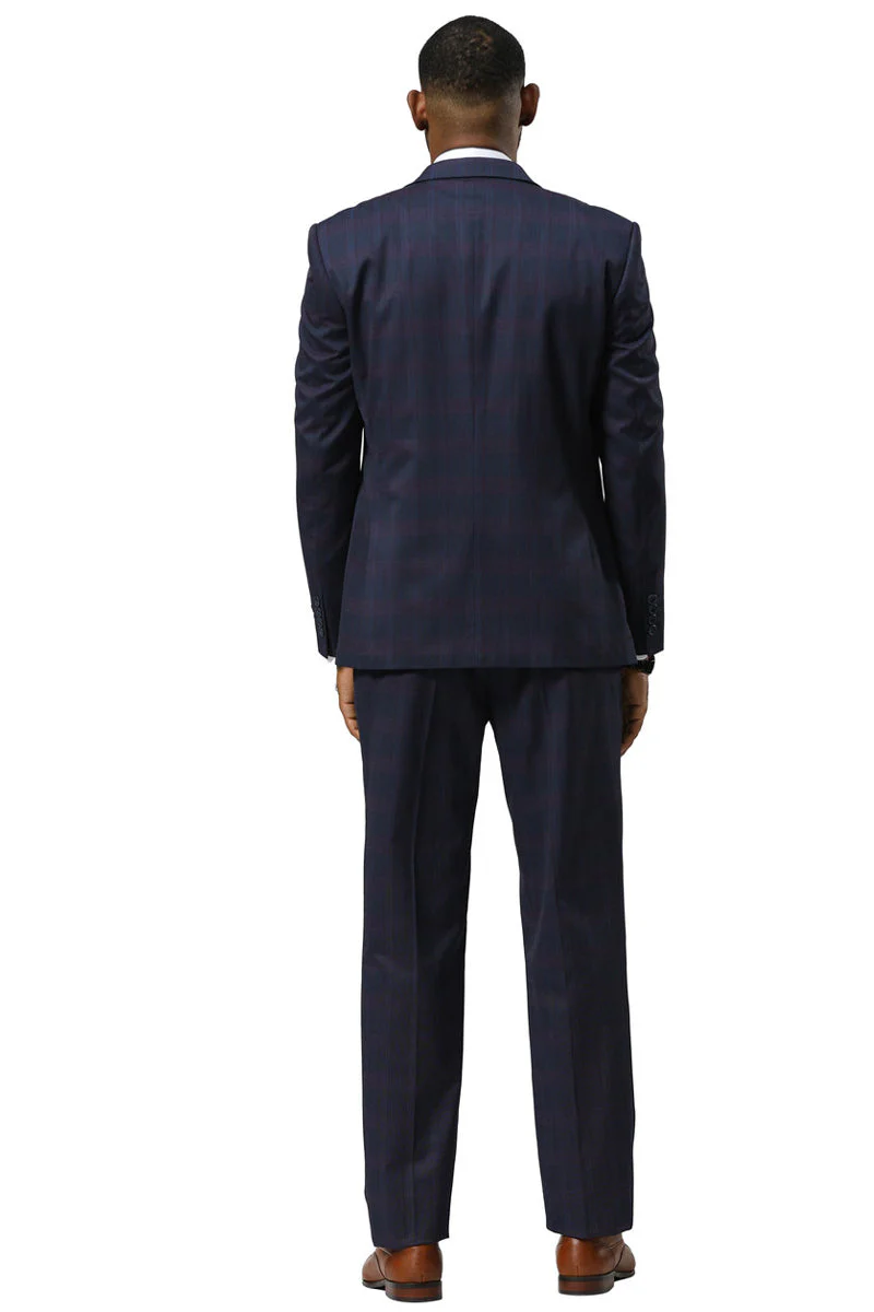 Men's Stacy Adams One Button Vested Peak Lapel Suit in Navy Glen Plaid - Image 6