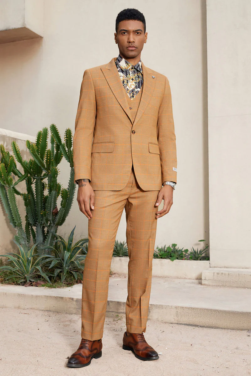 "Mens Stacy Adams Suit - Stacy Adams Men's Windowpane Plaid Suit with Reversible Vest - Orange Rust" - Image 2
