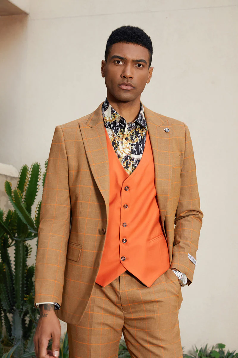 "Mens Stacy Adams Suit - Stacy Adams Men's Windowpane Plaid Suit with Reversible Vest - Orange Rust" - Image 3