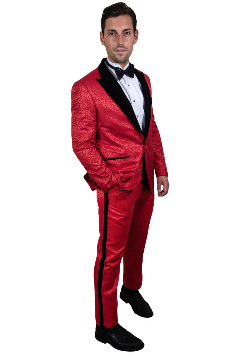 Men's Stacy Adams Paisely Prom & Wedding Tuxedo In Red & Black - Image 2