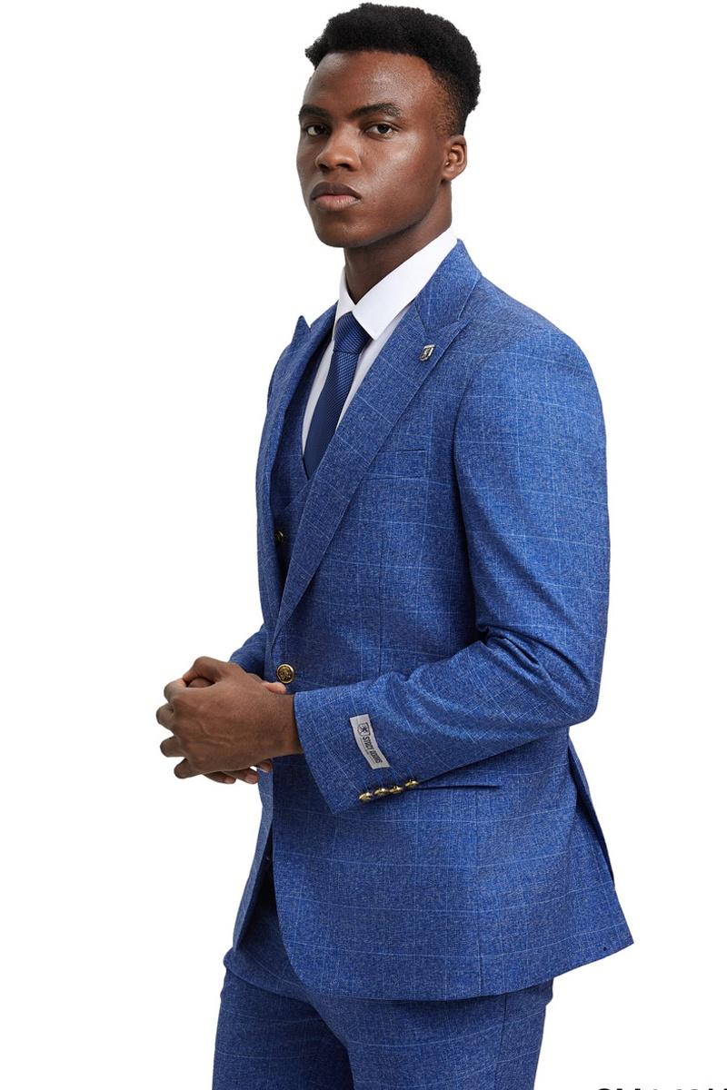 Men's Stacy Adams Peak Lapel Suit with Double Breasted Vest in Blue Windowpane Plaid - Image 5