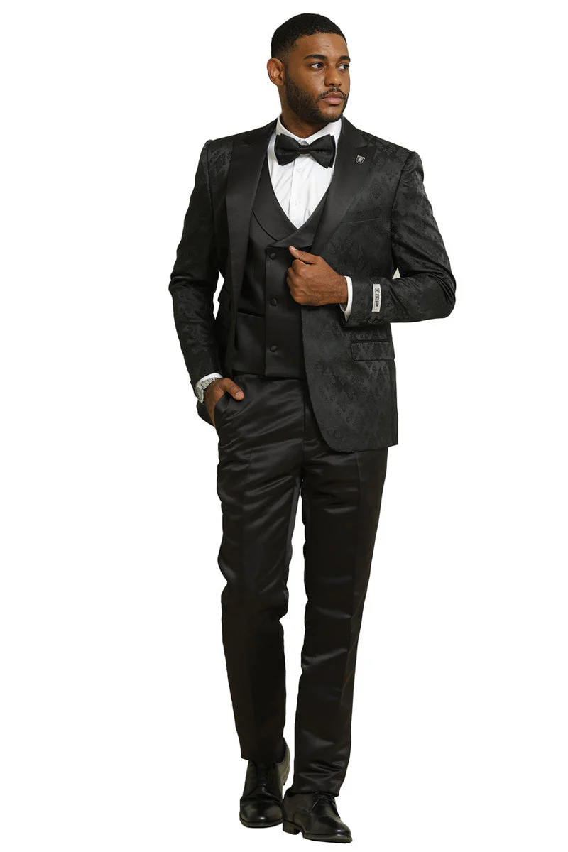 Men's Stacy Adams Shiny Brocade Wedding & Prom Tuxedo with Double Breasted Vest in Black - Image 9