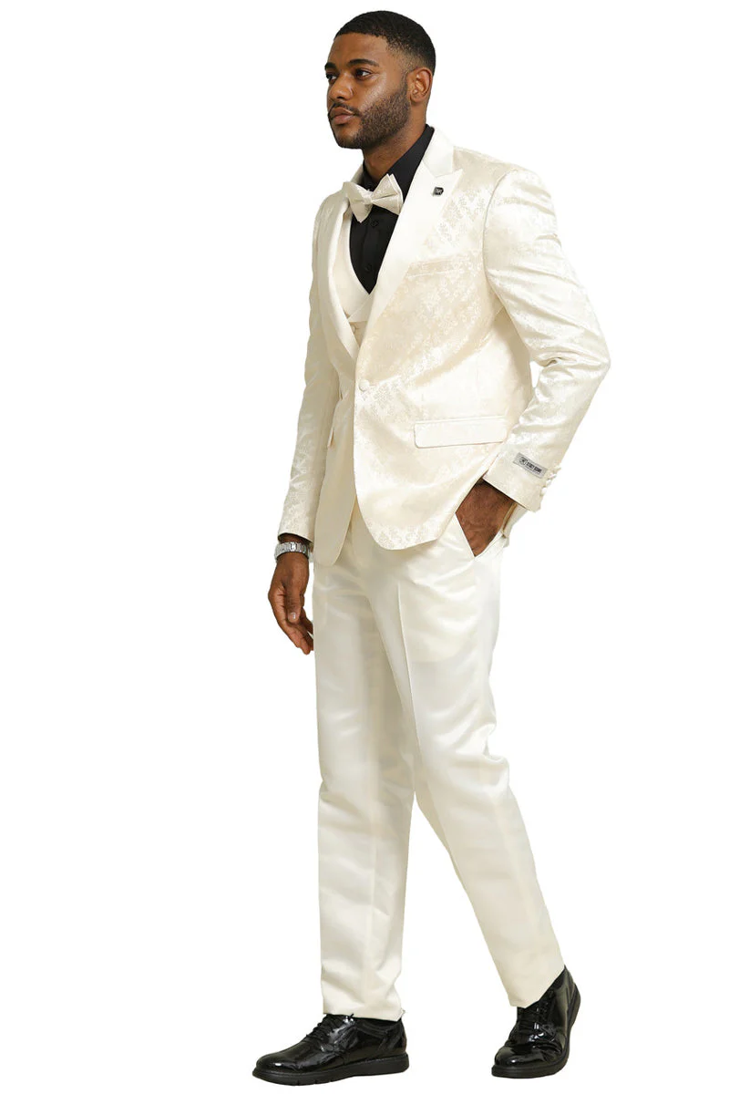 Men's Stacy Adams Shiny Brocade Wedding & Prom Tuxedo with Double Breasted Vest in Ivory - Image 10