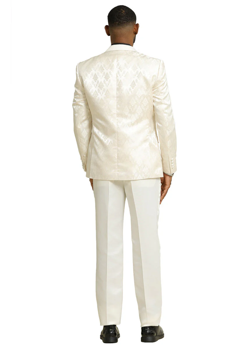 Men's Stacy Adams Shiny Brocade Wedding & Prom Tuxedo with Double Breasted Vest in Ivory - Image 13