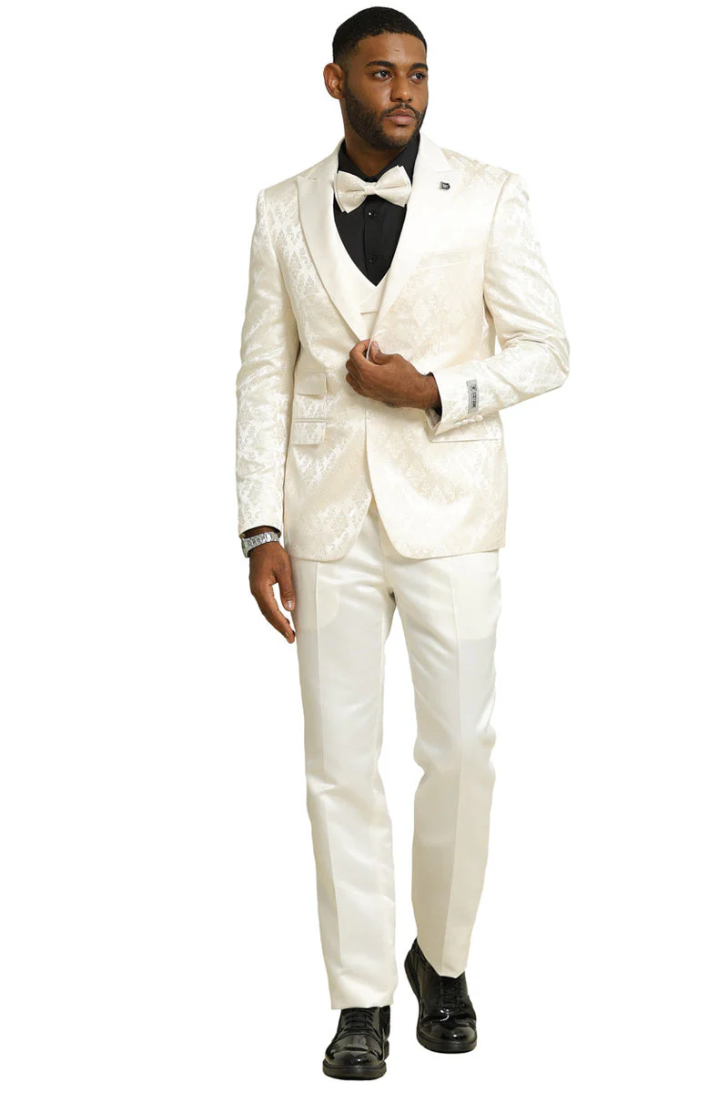 Men's Stacy Adams Shiny Brocade Wedding & Prom Tuxedo with Double Breasted Vest in Ivory - Image 2