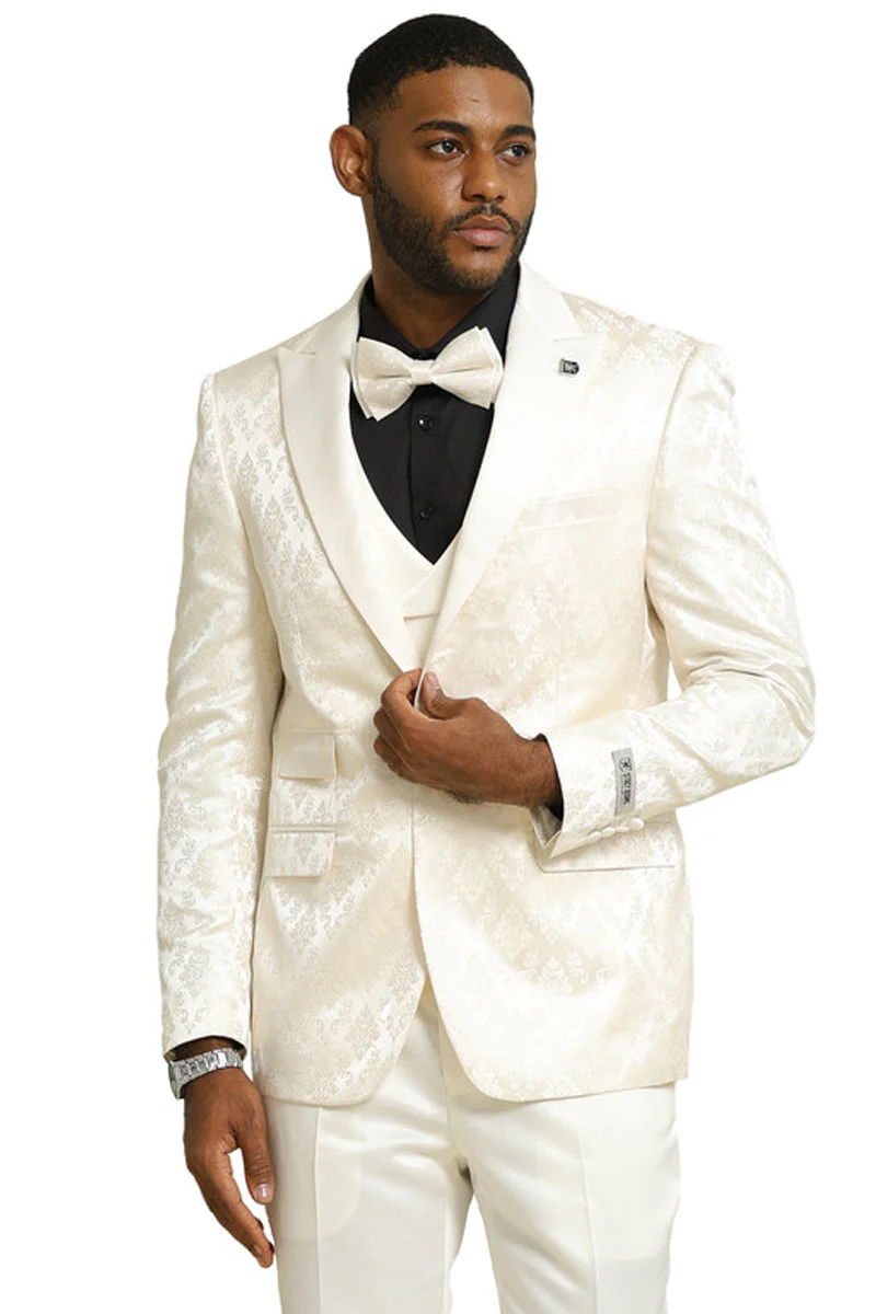 Men's Stacy Adams Shiny Brocade Wedding & Prom Tuxedo with Double Breasted Vest in Ivory - Image 8