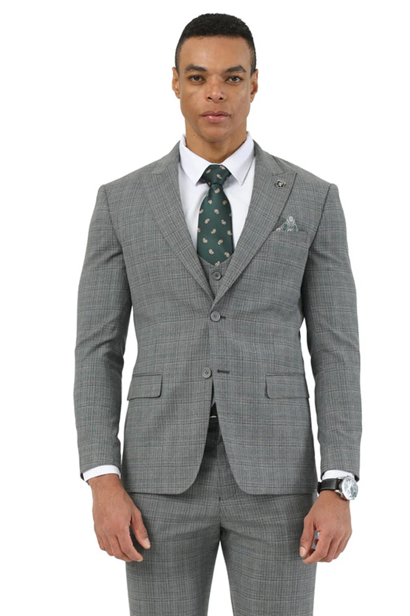 Men's Stacy Adams Two Button Peak Lapel Suit with Scoop Vest in Grey Glen Plaid - Image 4