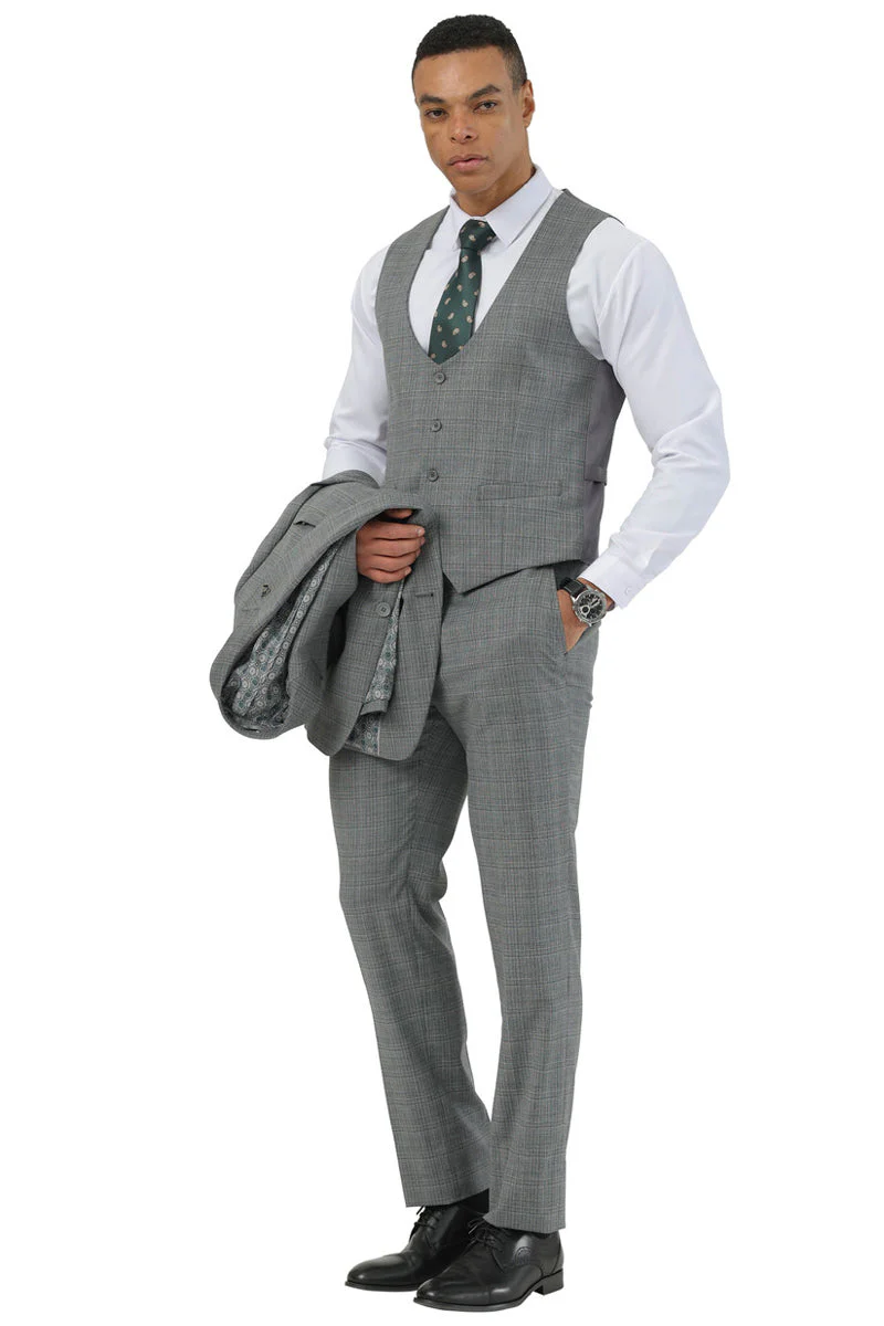 Men's Stacy Adams Two Button Peak Lapel Suit with Scoop Vest in Grey Glen Plaid - Image 5