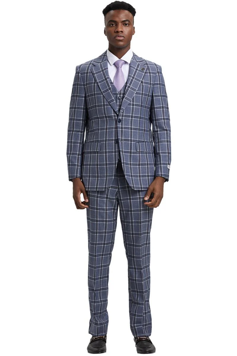 Men's Stacy Adams Two Button Vested Glen Plaid Check Suit in Grey - Image 2