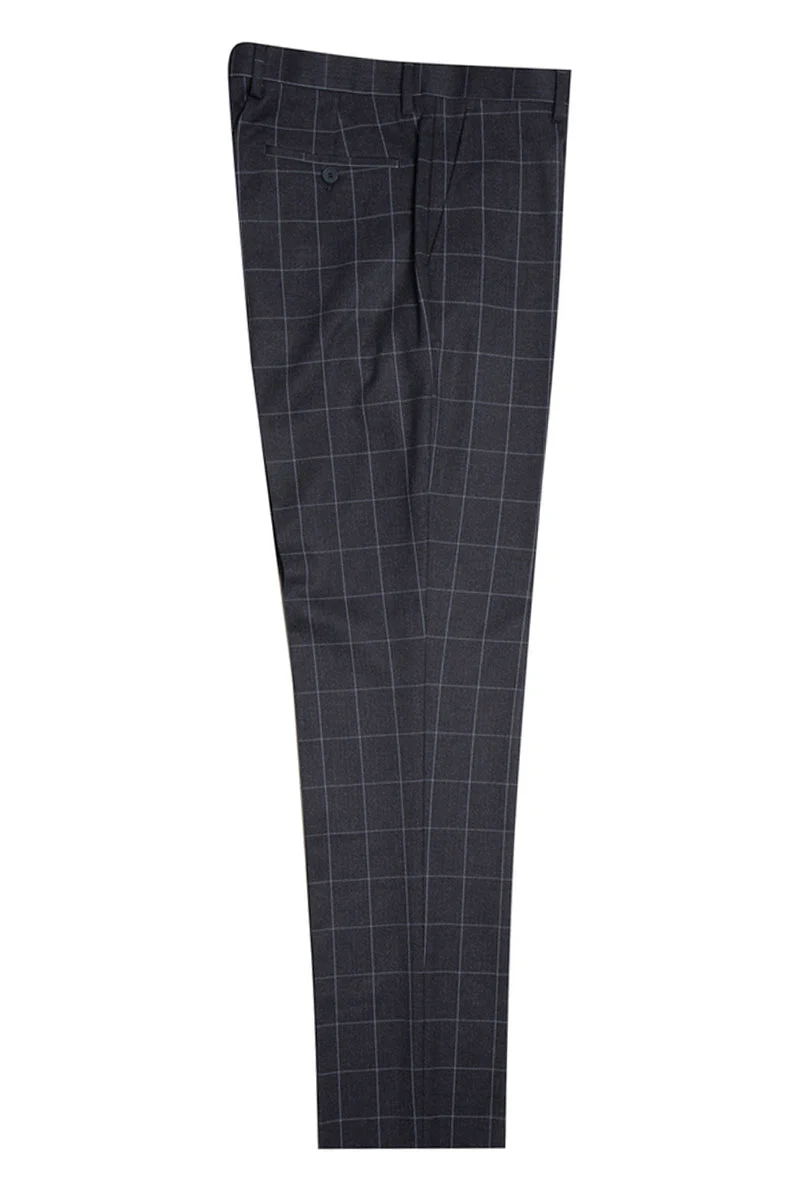 "Mens Stacy Adams Suit - Stacy Adams Suit Men's Charcoal Grey Windowpane Plaid Suit - Two Button Vested Peak Lapel" - Image 2