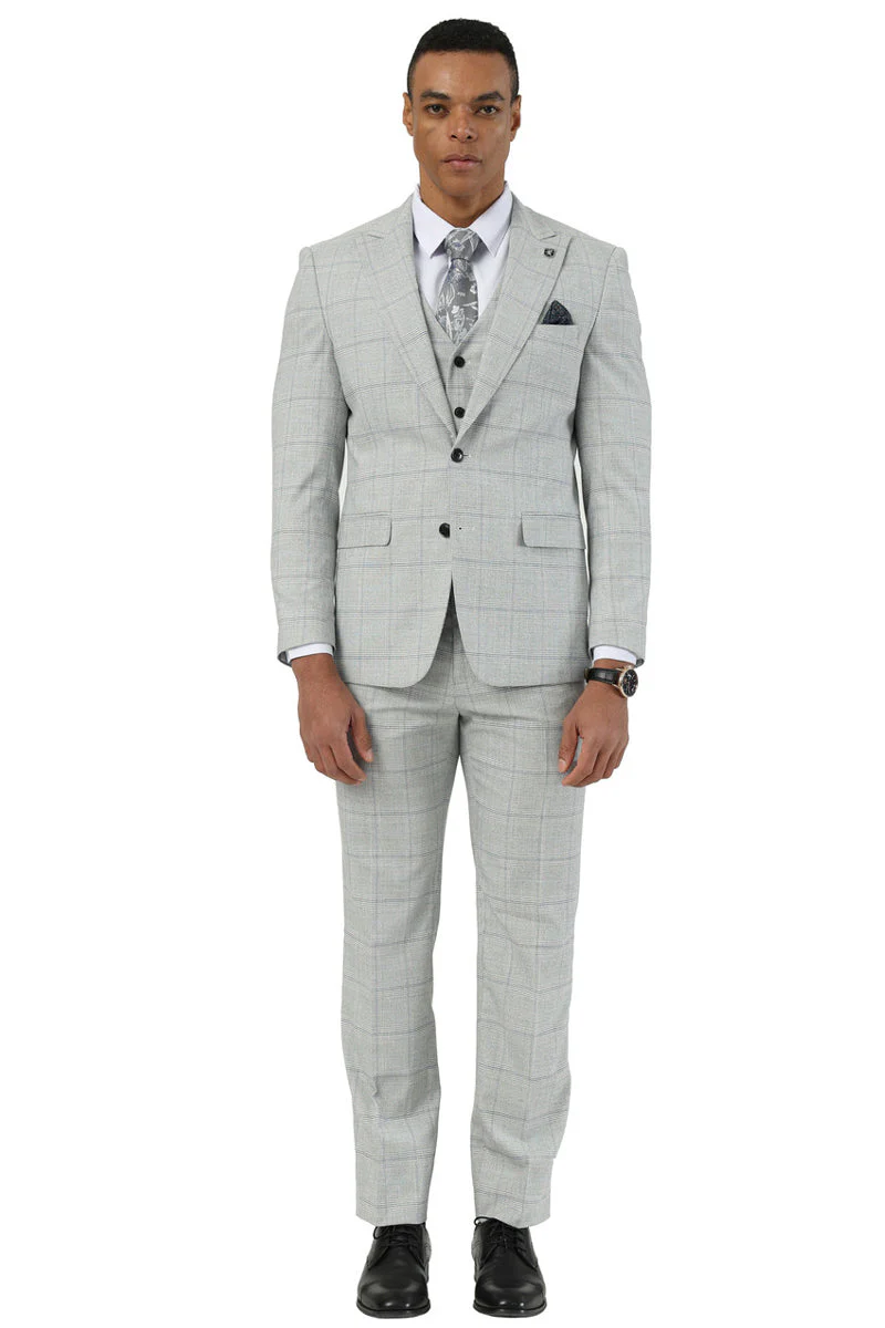 Men's Stacy Adams Two Button Vested Peak Lapel Suit in Light Grey Windowpane Plaid - Image 5