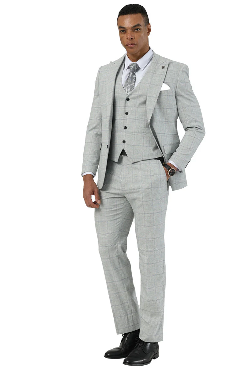 Men's Stacy Adams Two Button Vested Peak Lapel Suit in Light Grey Windowpane Plaid - Image 6
