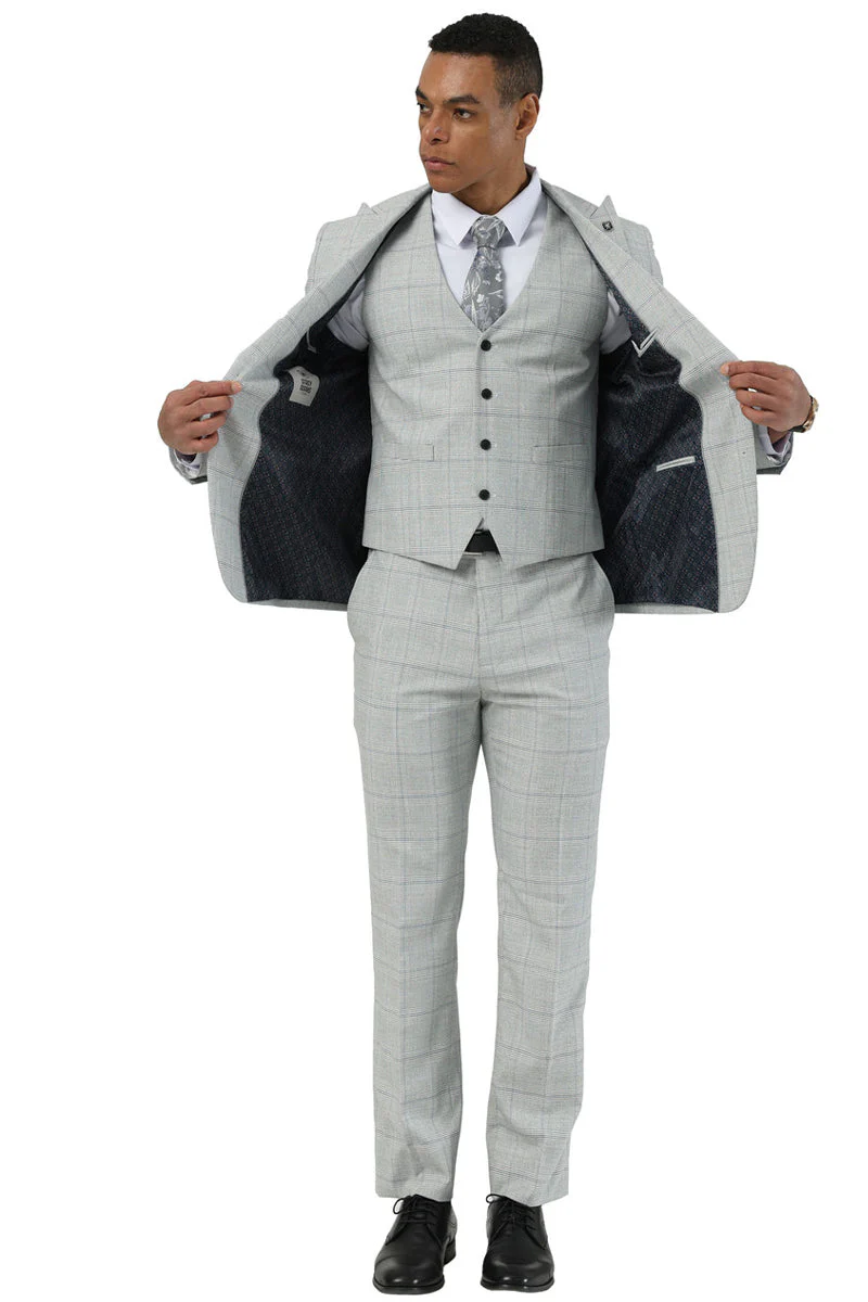 Men's Stacy Adams Two Button Vested Peak Lapel Suit in Light Grey Windowpane Plaid - Image 7